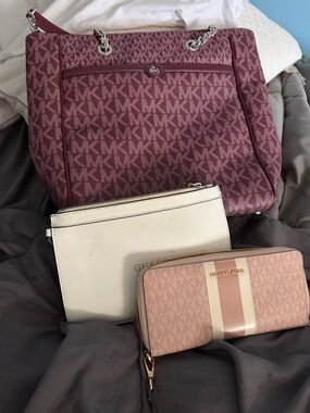 Michael Kors Plum MK Logo Tote with Pink Wallet and Cream Pouch